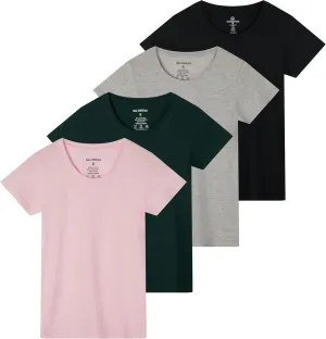Real Essentials 4 Pack: Women's Classic-Fit Cotton Short-Sleeve Scoop Crew Neck T-Shirt (Available in Plus Size)