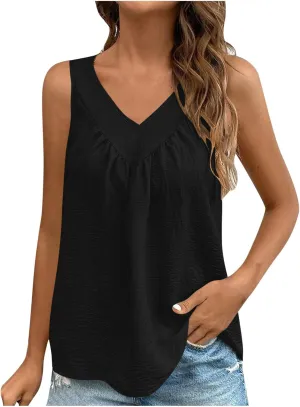 Retro Distressed Tank Tops for Women Fashion Pleated V Neck Sleeveless Tunic Shirts Casual Loose Fit Beach Blouses