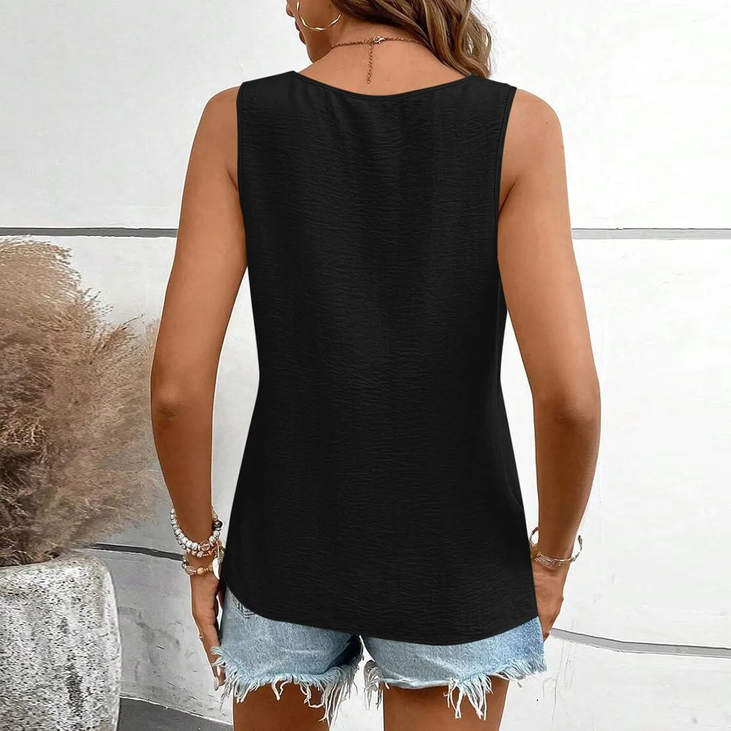 Retro Distressed Tank Tops for Women Fashion Pleated V Neck Sleeveless Tunic Shirts Casual Loose Fit Beach Blouses