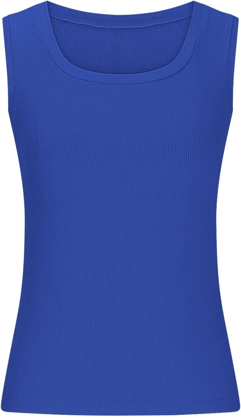 Ribbed Knit Tank Tops for Women Summer Scoop Neck Sleeveless Cropped Shirts Casual Solid Color Workout Slim Blouse