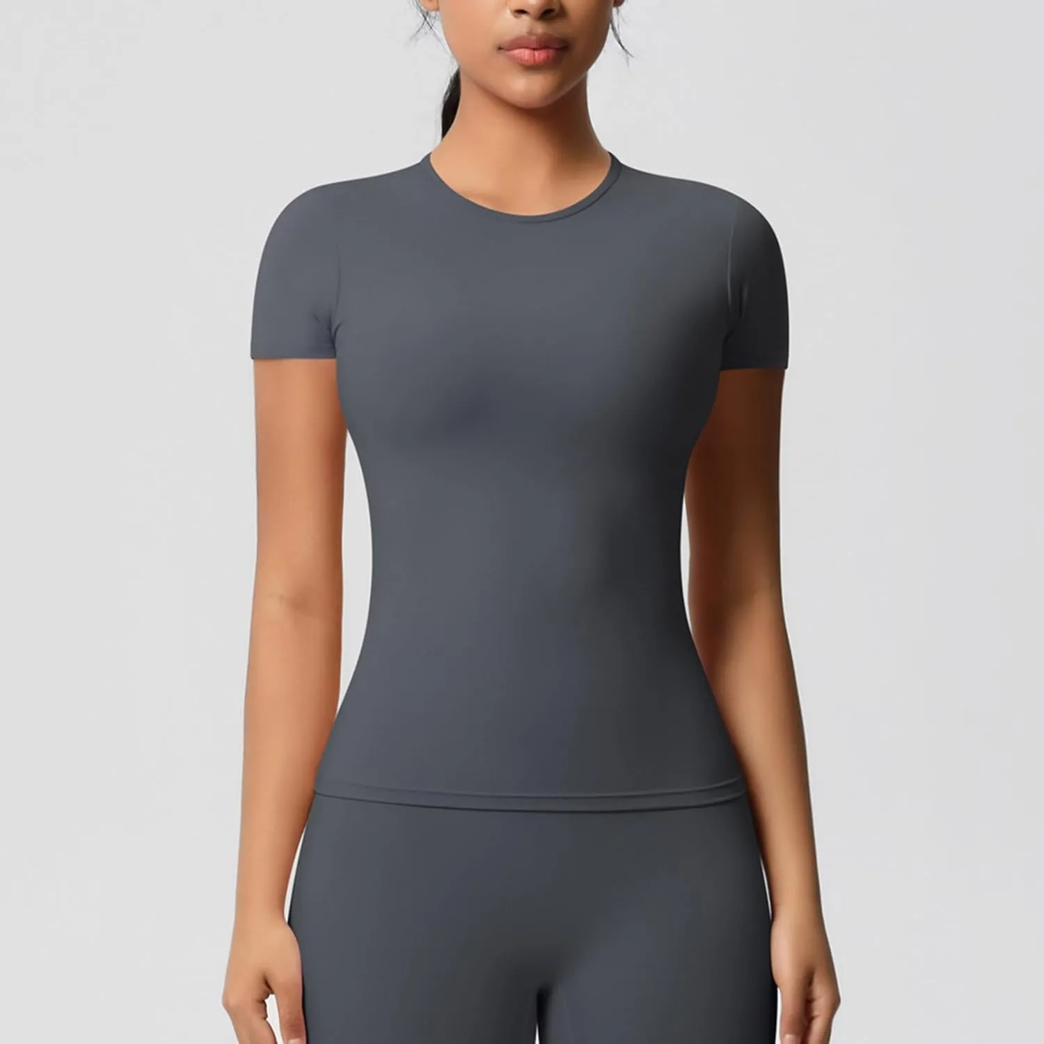 Seamless Workout Tops for Women Short Sleeve Athletic Tees Round Neck Breathable Gym Running Yoga Shirts