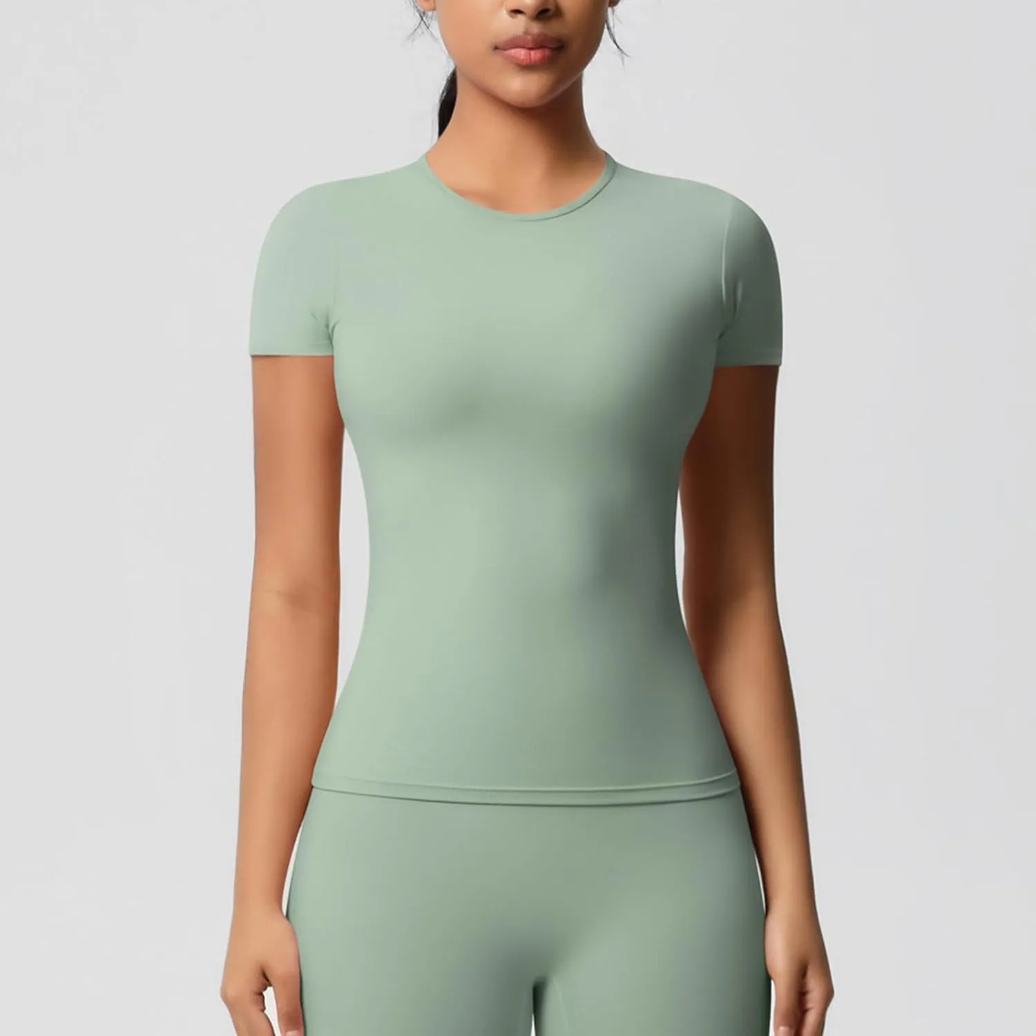 Seamless Workout Tops for Women Short Sleeve Athletic Tees Round Neck Breathable Gym Running Yoga Shirts