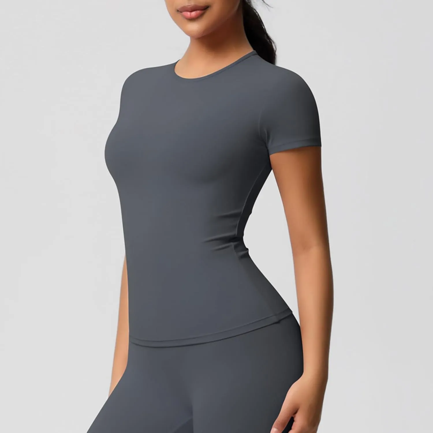 Seamless Workout Tops for Women Short Sleeve Athletic Tees Round Neck Breathable Gym Running Yoga Shirts
