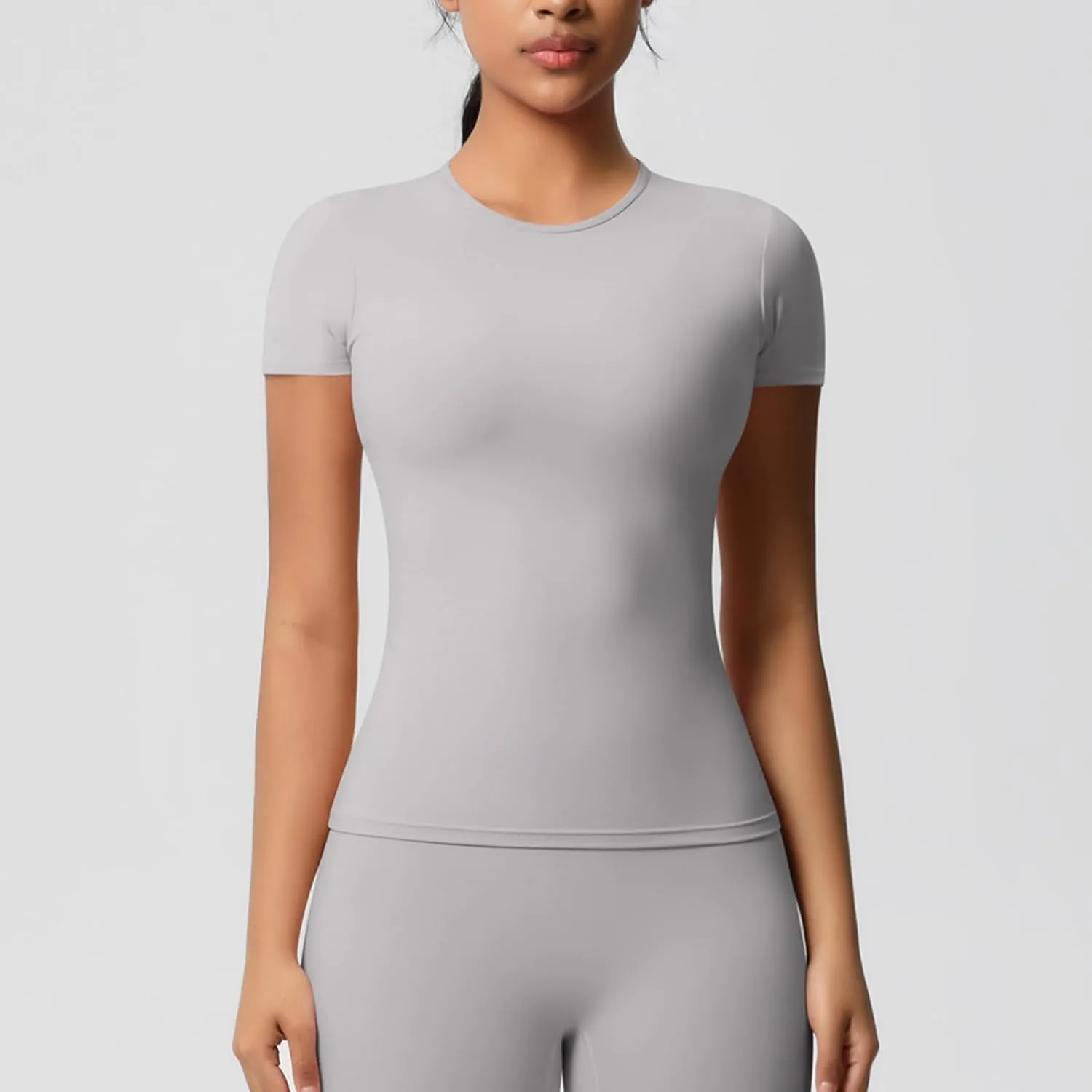 Seamless Workout Tops for Women Short Sleeve Athletic Tees Round Neck Breathable Gym Running Yoga Shirts