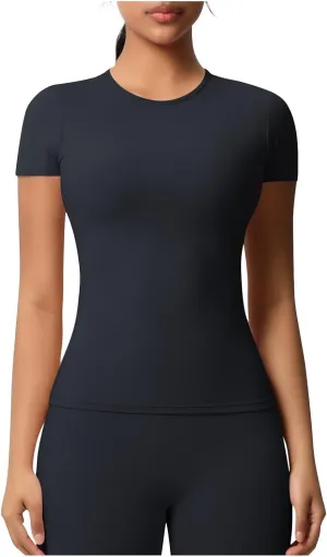 Seamless Workout Tops for Women Short Sleeve Athletic Tees Round Neck Breathable Gym Running Yoga Shirts