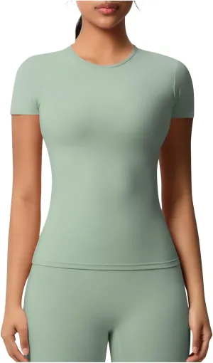 Seamless Workout Tops for Women Short Sleeve Athletic Tees Round Neck Breathable Gym Running Yoga Shirts