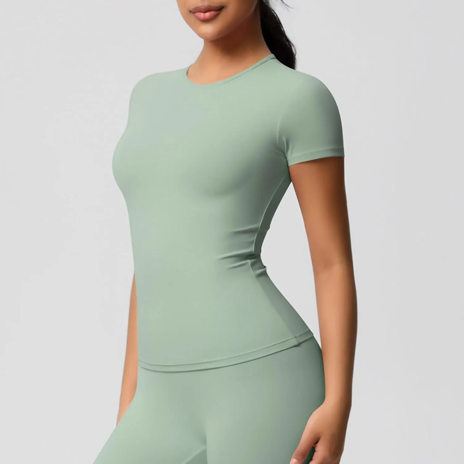Seamless Workout Tops for Women Short Sleeve Athletic Tees Round Neck Breathable Gym Running Yoga Shirts
