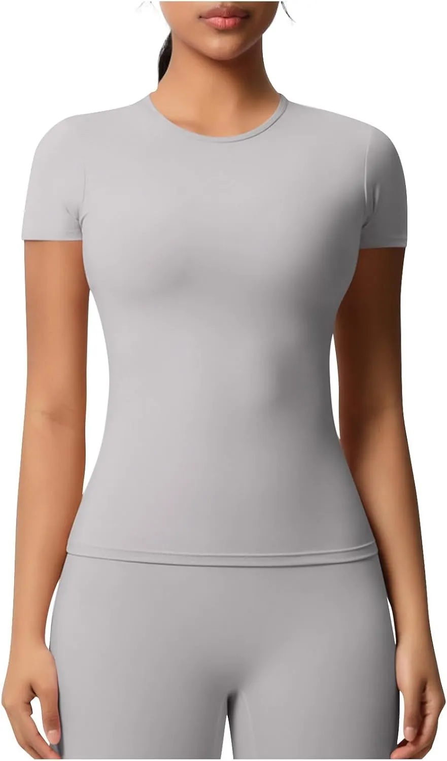 Seamless Workout Tops for Women Short Sleeve Athletic Tees Round Neck Breathable Gym Running Yoga Shirts