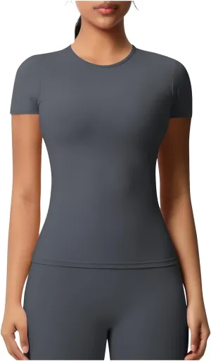 Seamless Workout Tops for Women Short Sleeve Athletic Tees Round Neck Breathable Gym Running Yoga Shirts