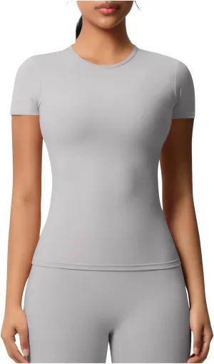 Seamless Workout Tops for Women Short Sleeve Athletic Tees Round Neck Breathable Gym Running Yoga Shirts