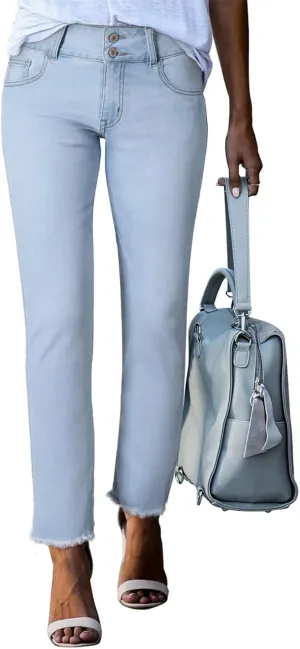 Sidefeel Women's Jeans High Waisted Strechy Straight Legs Boyfriend Denim Pants with Pockets L Light Blue Size 10 Short