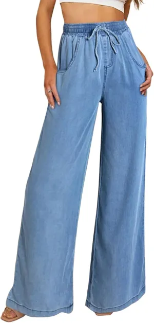 Sidefeel Women's Wide Leg Jeans High Waisted 2025 Summer Drawstring Denim Pants Light Blue Size 12