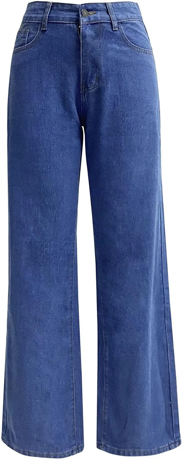 Stretchy Wide Leg Jeans for Women Baggy Button High Waist Curvy Denim Pants Y2K Trendy Soft Comfy Straight Mom Jeans