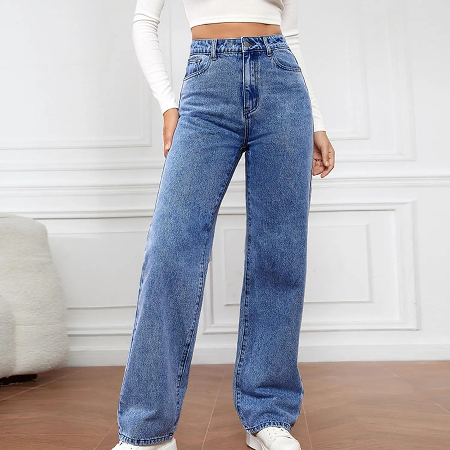 Stretchy Wide Leg Jeans for Women Baggy Button High Waist Curvy Denim Pants Y2K Trendy Soft Comfy Straight Mom Jeans