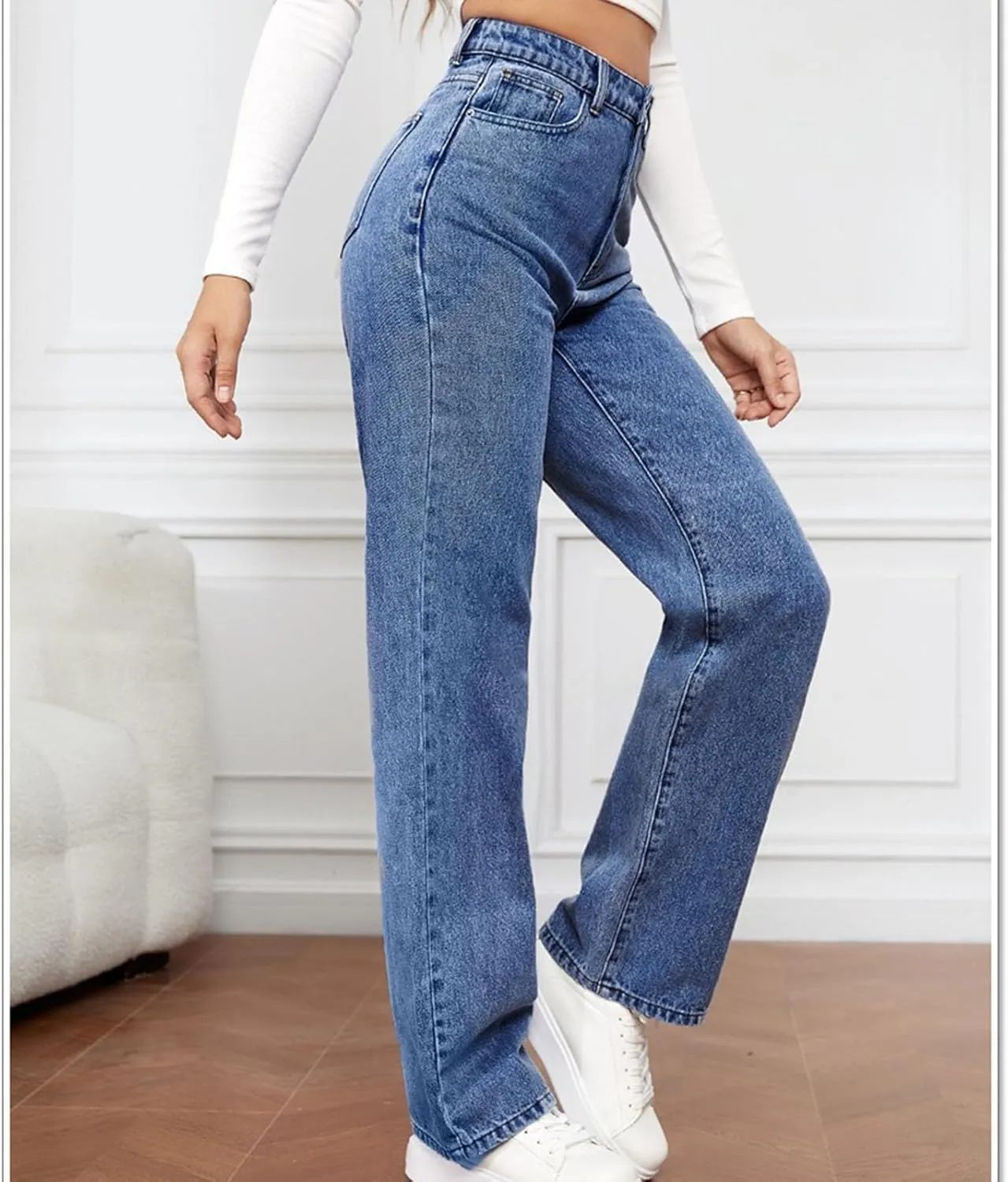 Stretchy Wide Leg Jeans for Women Baggy Button High Waist Curvy Denim Pants Y2K Trendy Soft Comfy Straight Mom Jeans