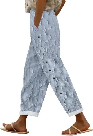 Striped Linen Pants for Women Cropped Trim Elastic Waist Capris Lightweight Summer Beach Trousers with Pockets