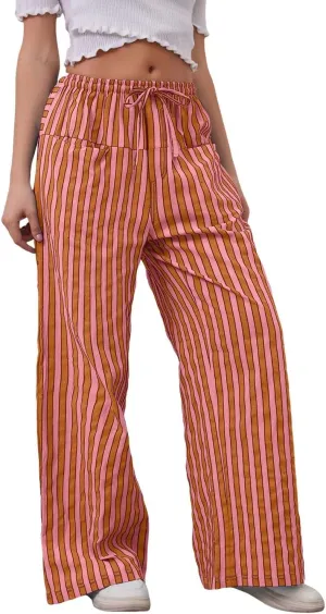 Striped Pants Women Summer Drawstring Wide Leg Elastic Waist Beach Lounge Comfy Loose Cute Beach Trousers with Pockets