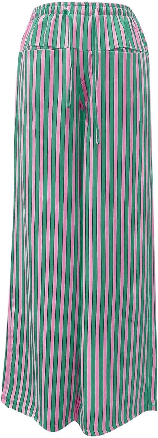 Striped Pants Women Summer Drawstring Wide Leg Elastic Waist Beach Lounge Comfy Loose Cute Beach Trousers with Pockets