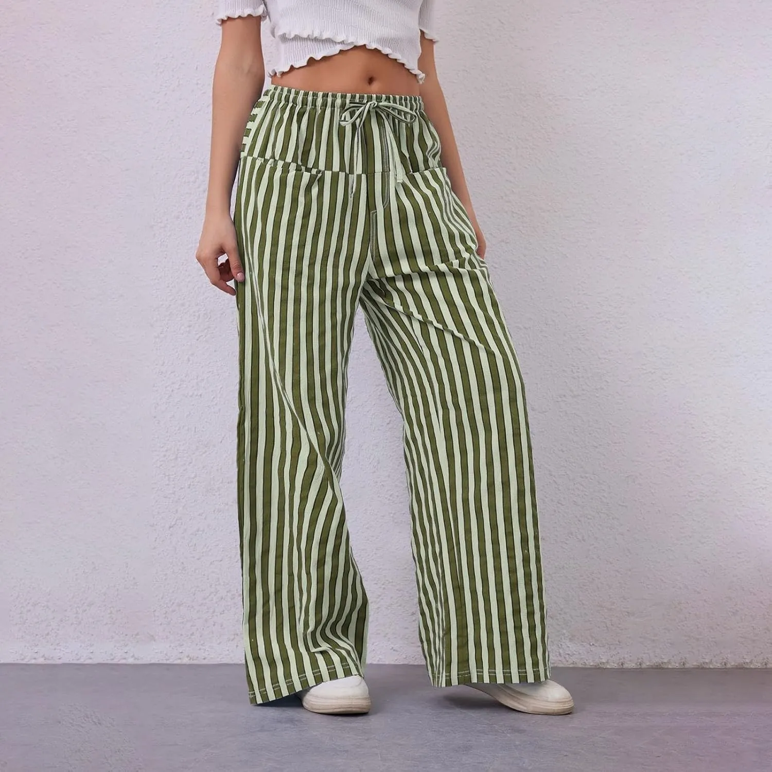 Striped Pants Women Summer Drawstring Wide Leg Elastic Waist Beach Lounge Comfy Loose Cute Beach Trousers with Pockets