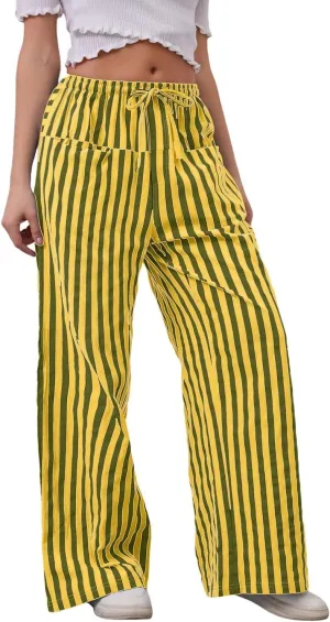 Striped Pants Women Summer Drawstring Wide Leg Elastic Waist Beach Lounge Comfy Loose Cute Beach Trousers with Pockets