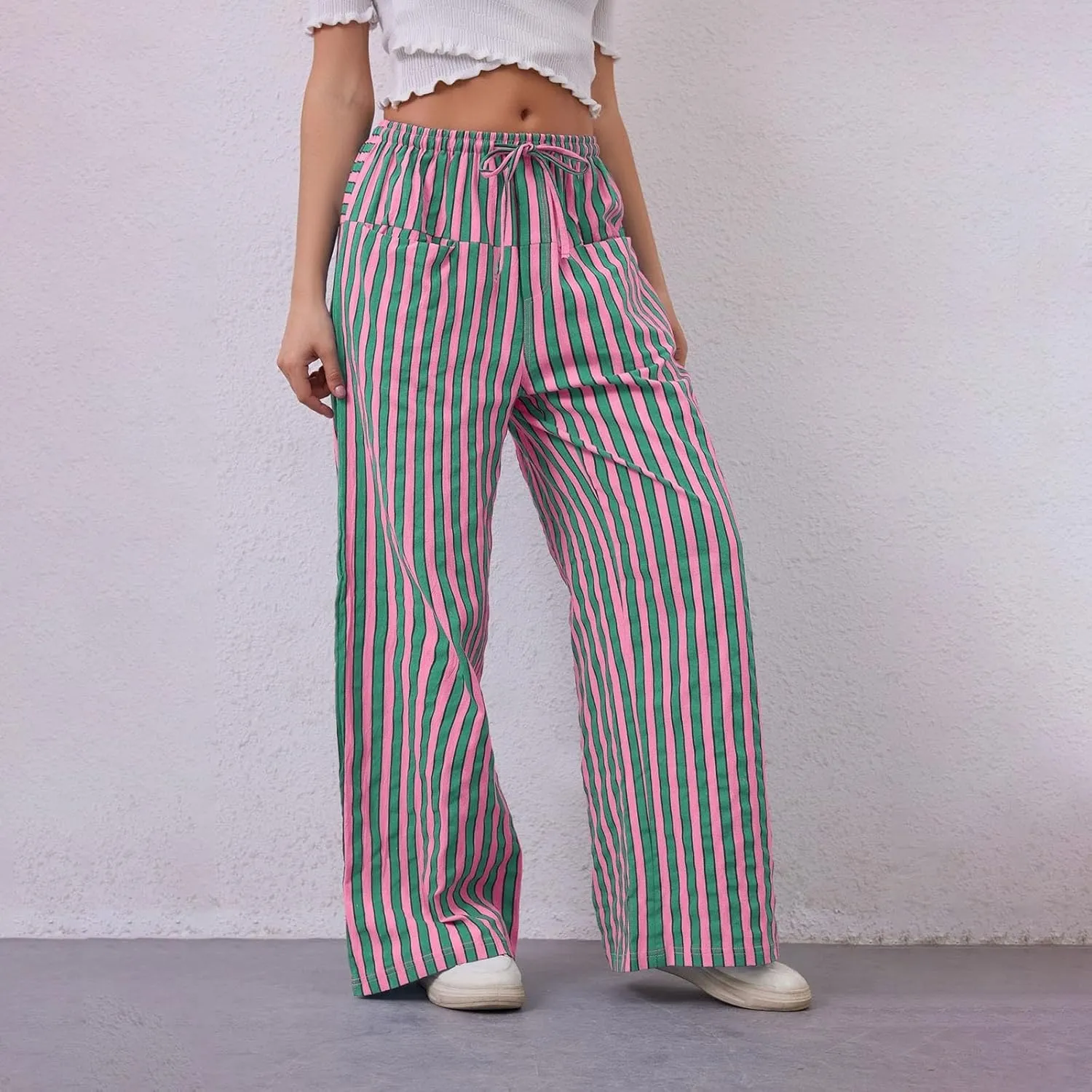Striped Pants Women Summer Drawstring Wide Leg Elastic Waist Beach Lounge Comfy Loose Cute Beach Trousers with Pockets