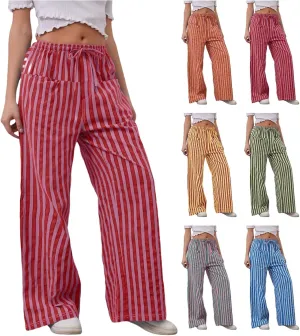 Striped Pants Women Summer Drawstring Wide Leg Elastic Waist Beach Lounge Comfy Loose Cute Beach Trousers with Pockets