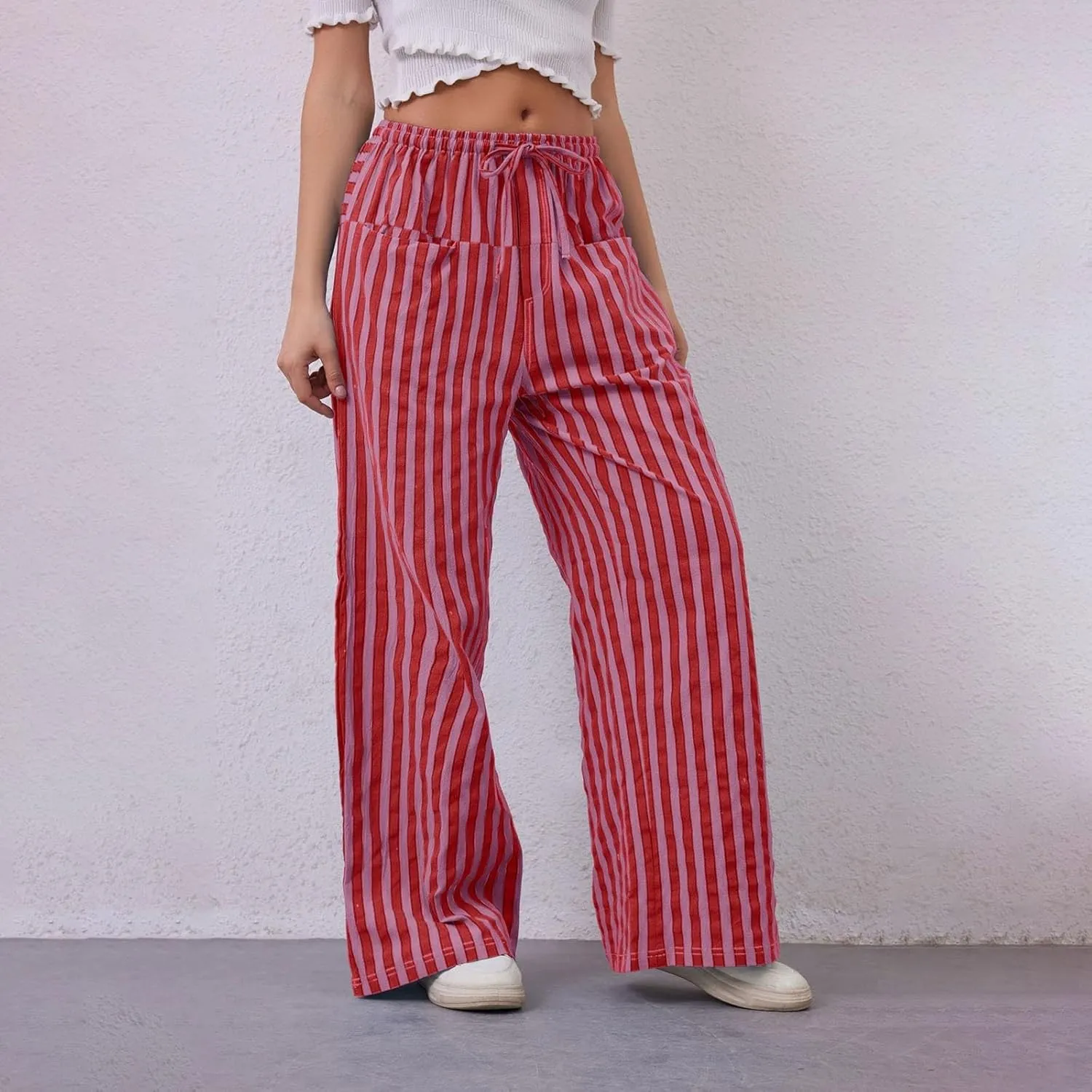 Striped Pants Women Summer Drawstring Wide Leg Elastic Waist Beach Lounge Comfy Loose Cute Beach Trousers with Pockets