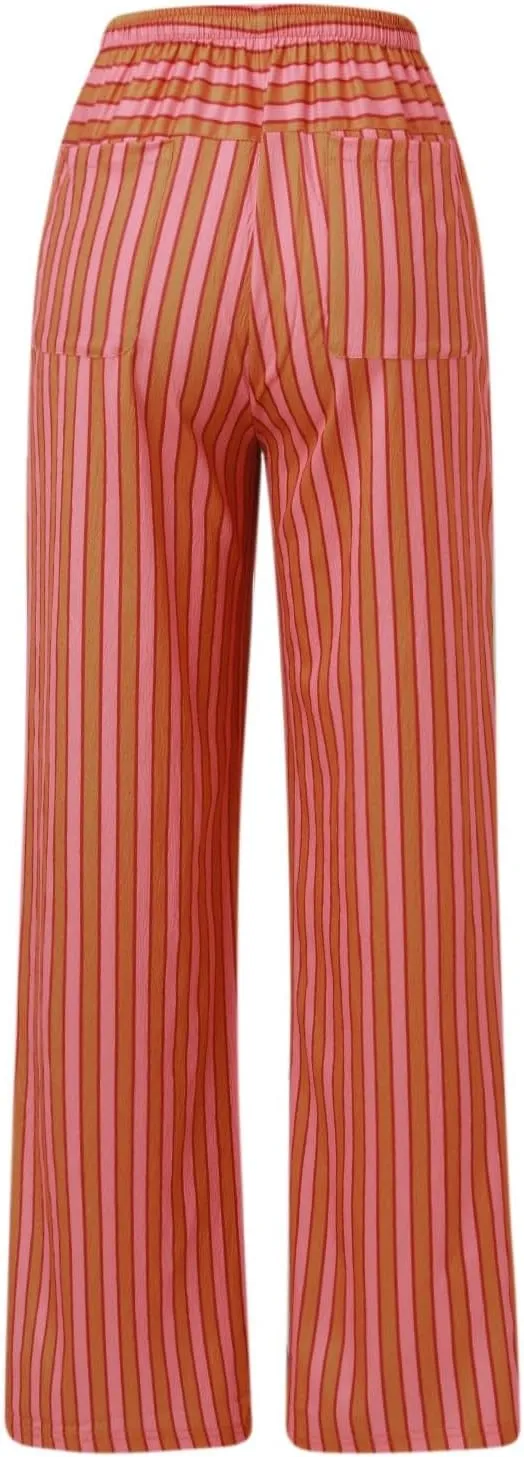 Striped Pants Women Summer Drawstring Wide Leg Elastic Waist Beach Lounge Comfy Loose Cute Beach Trousers with Pockets
