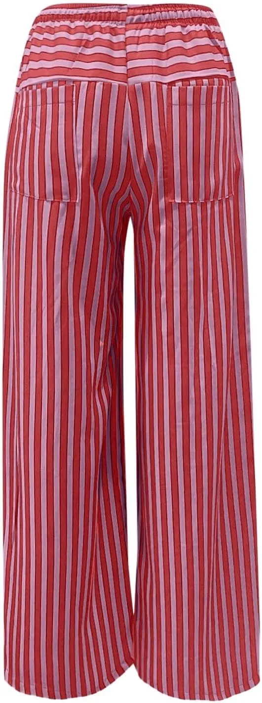 Striped Pants Women Summer Drawstring Wide Leg Elastic Waist Beach Lounge Comfy Loose Cute Beach Trousers with Pockets