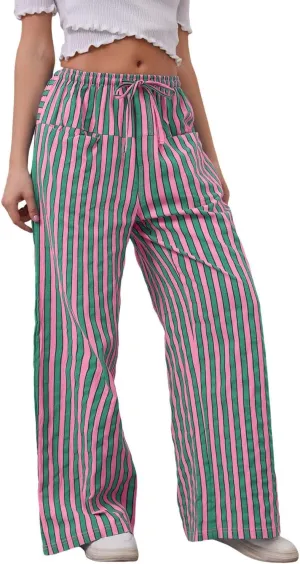 Striped Pants Women Summer Drawstring Wide Leg Elastic Waist Beach Lounge Comfy Loose Cute Beach Trousers with Pockets