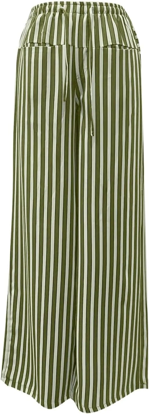 Striped Pants Women Summer Drawstring Wide Leg Elastic Waist Beach Lounge Comfy Loose Cute Beach Trousers with Pockets