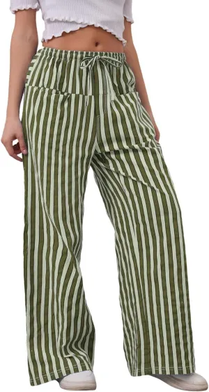 Striped Pants Women Summer Drawstring Wide Leg Elastic Waist Beach Lounge Comfy Loose Cute Beach Trousers with Pockets