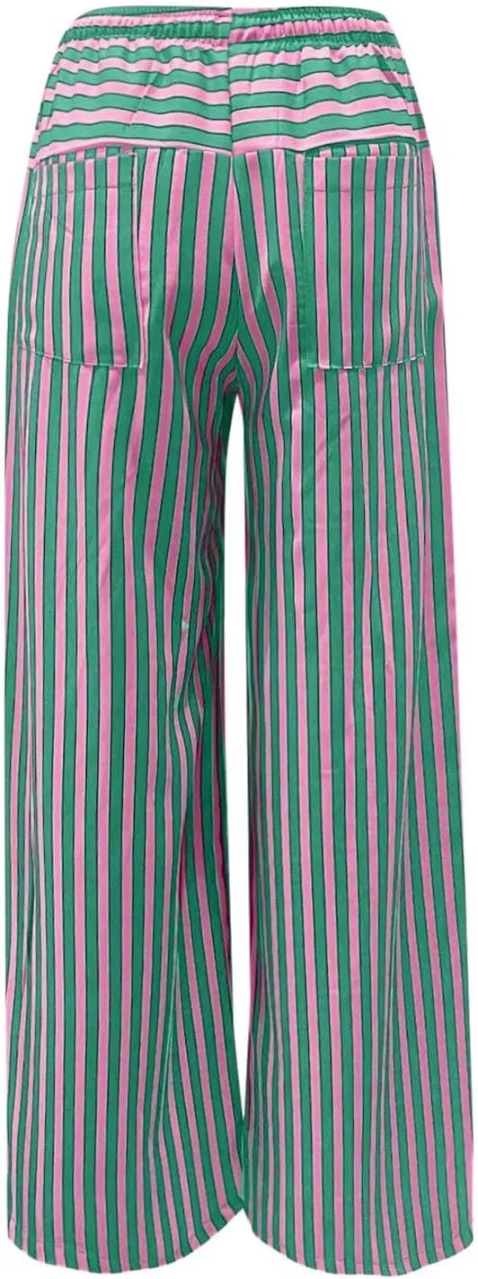 Striped Pants Women Summer Drawstring Wide Leg Elastic Waist Beach Lounge Comfy Loose Cute Beach Trousers with Pockets