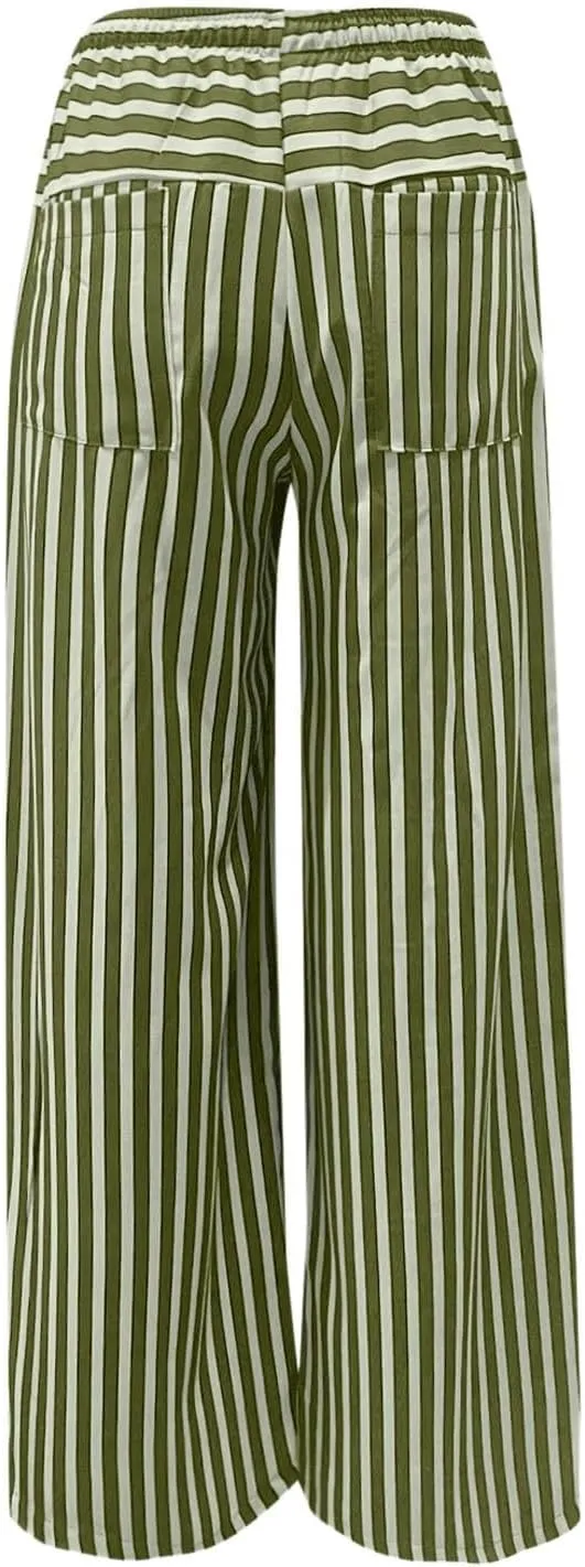 Striped Pants Women Summer Drawstring Wide Leg Elastic Waist Beach Lounge Comfy Loose Cute Beach Trousers with Pockets