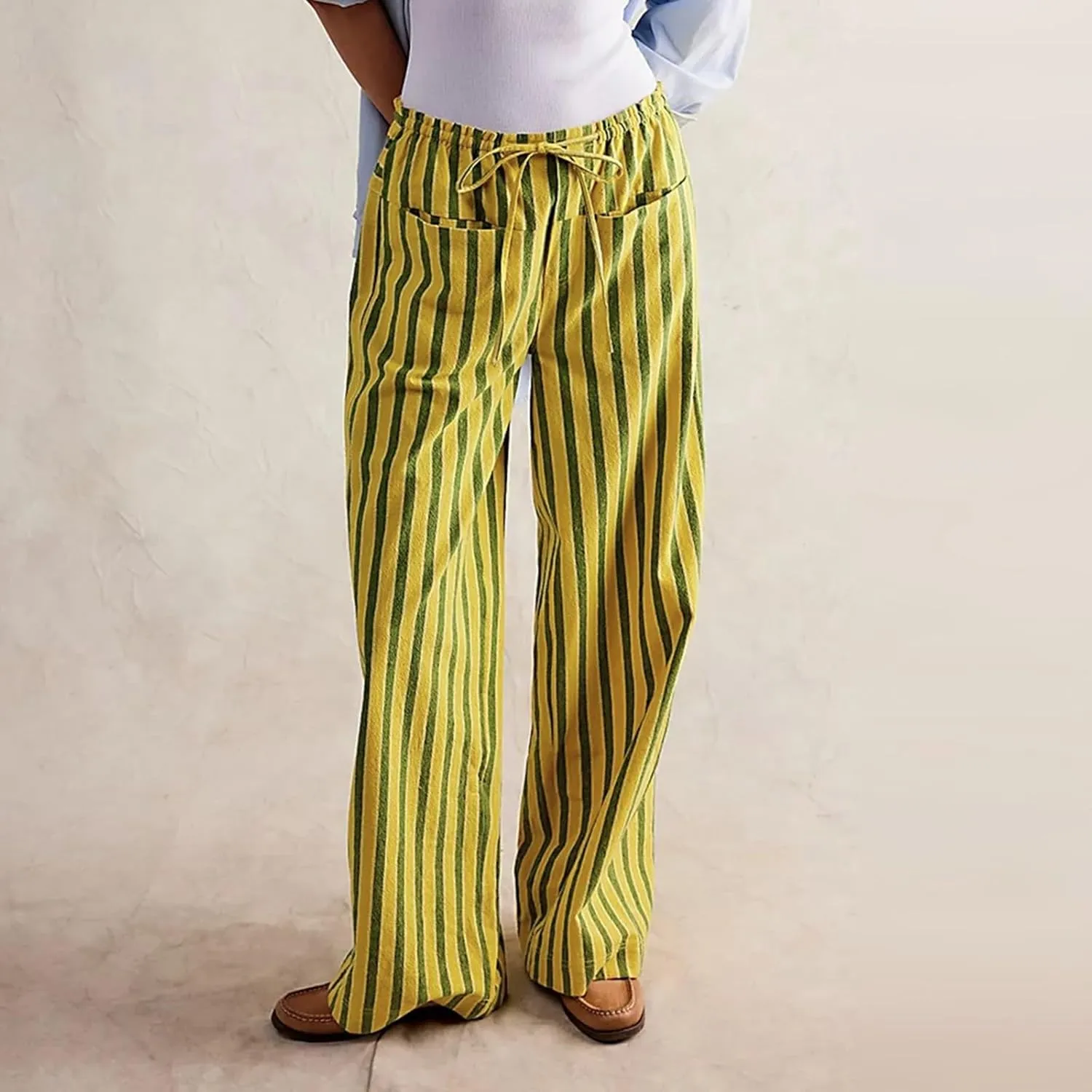 Striped Pants Women Summer Drawstring Wide Leg Elastic Waist Beach Lounge Comfy Loose Cute Beach Trousers with Pockets