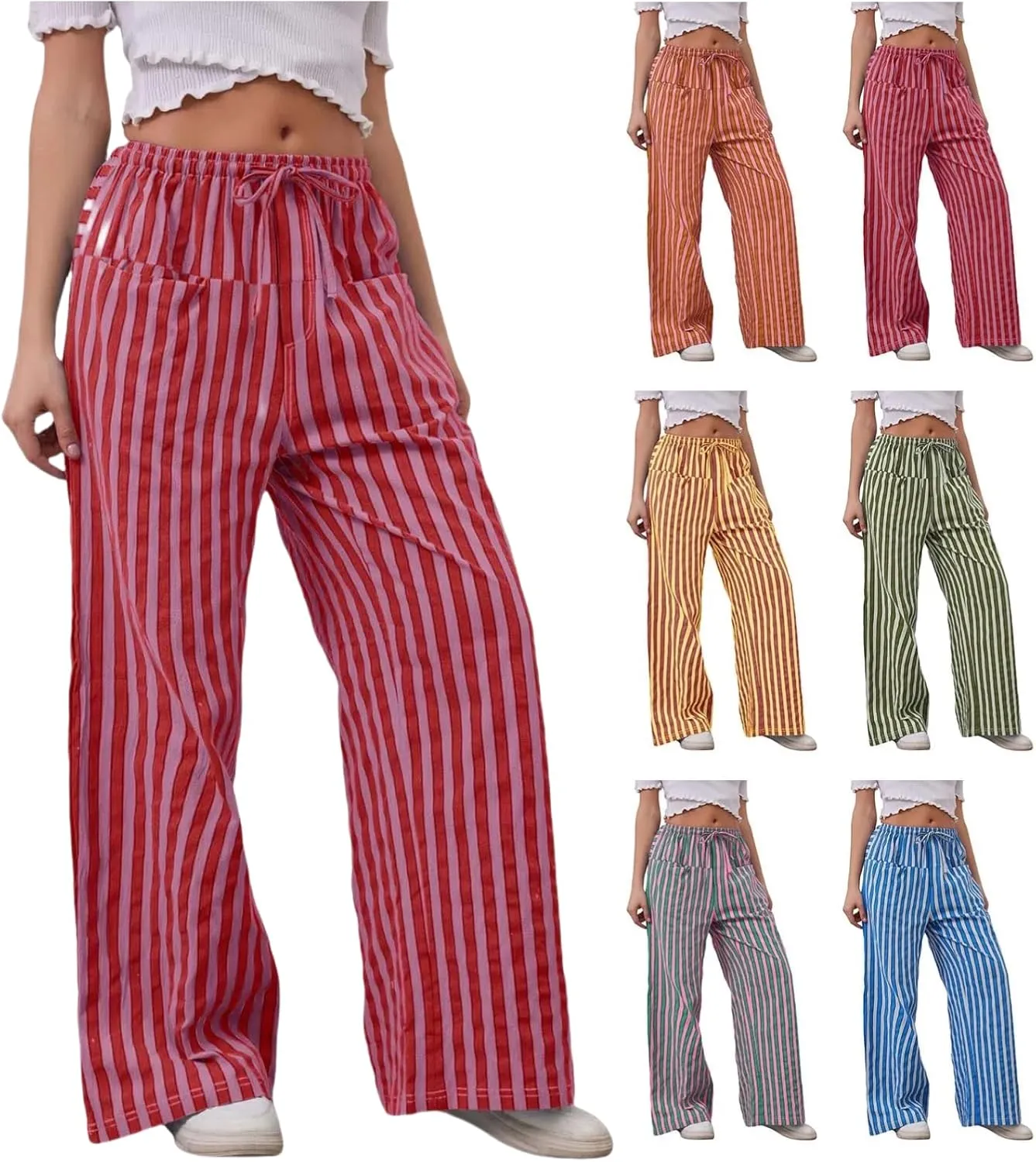 Striped Pants Women Summer Drawstring Wide Leg Elastic Waist Beach Lounge Comfy Loose Cute Beach Trousers with Pockets