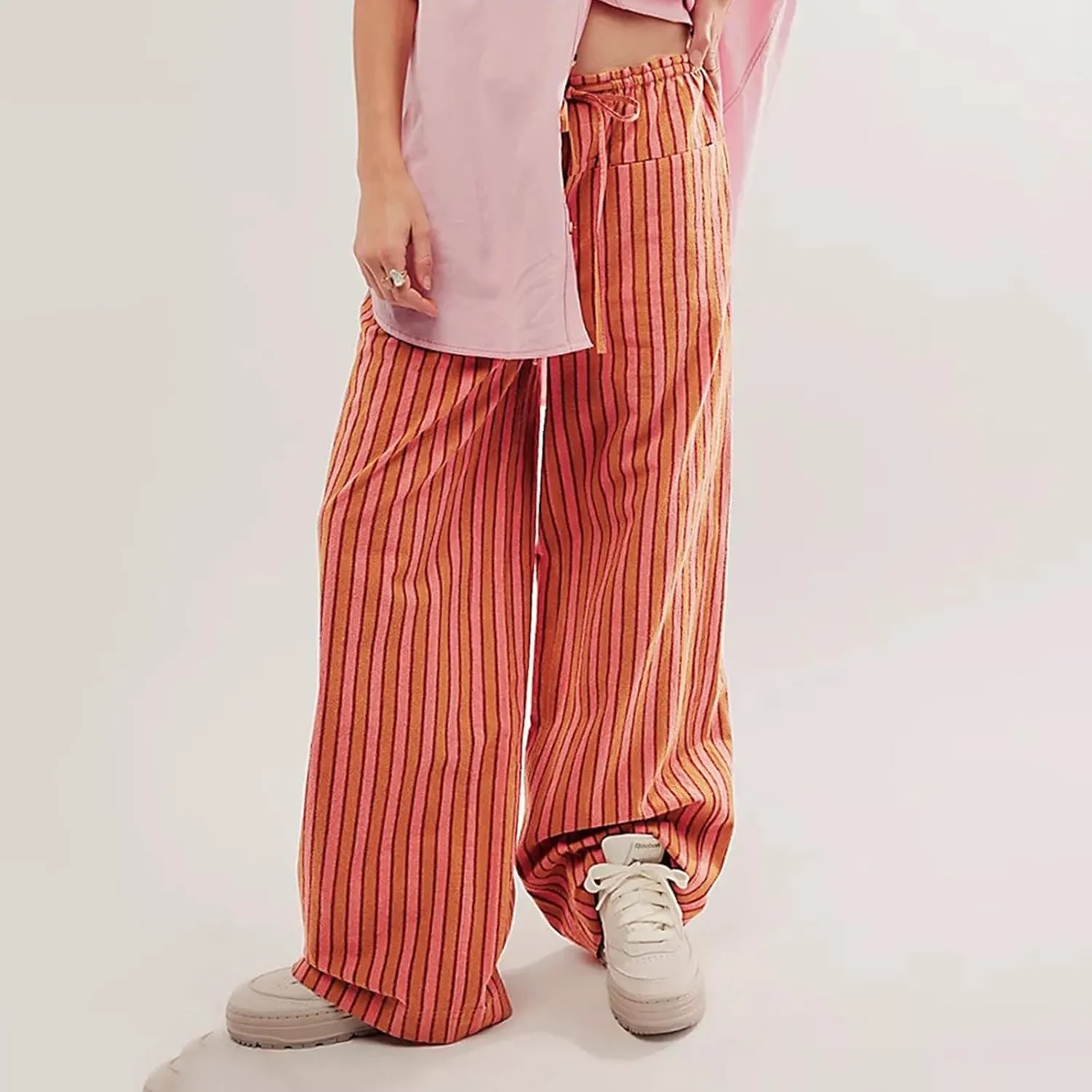 Striped Pants Women Summer Drawstring Wide Leg Elastic Waist Beach Lounge Comfy Loose Cute Beach Trousers with Pockets