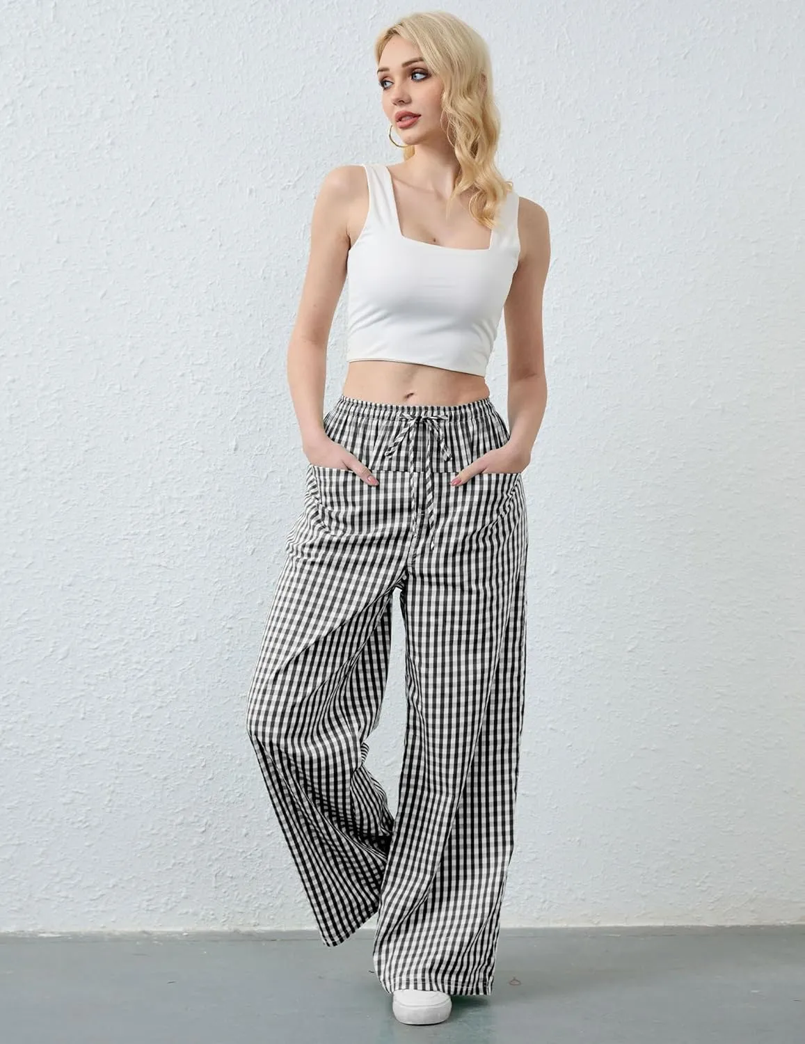 Striped Pants Women Wide Leg Trousers Drawstring Low Rise Casual Loose Lounge Pajama Pants with Pockets
