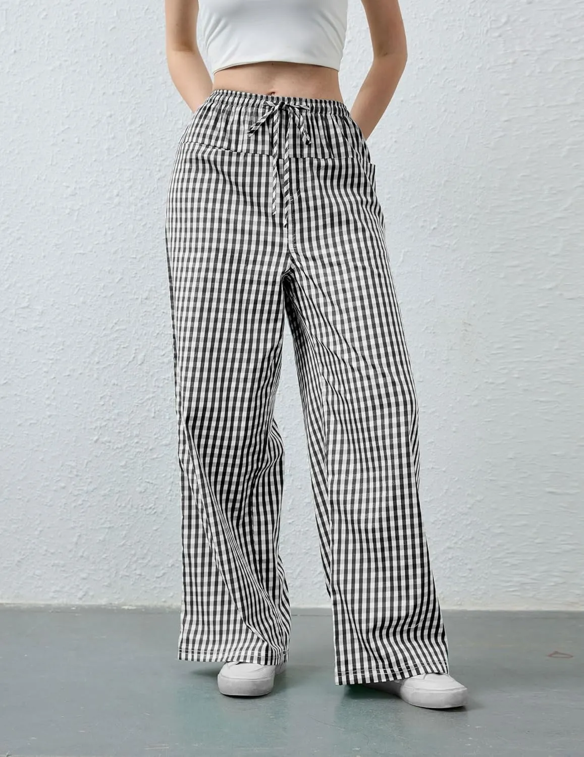 Striped Pants Women Wide Leg Trousers Drawstring Low Rise Casual Loose Lounge Pajama Pants with Pockets