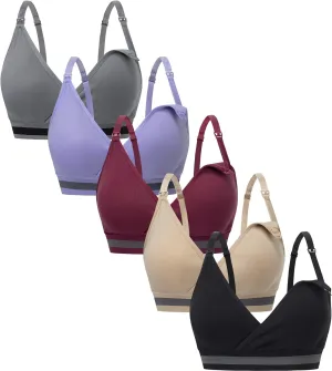 Suekaphin 5Pack Nursing Bra Deep V Neck for Breastfeeding,Seamless Maternity Bralette Wirefree Padded Cup Nursing Bra