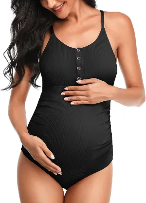 Summer Mae Maternity Swimsuit One Piece Bathing Suit Button Neck Cross Back