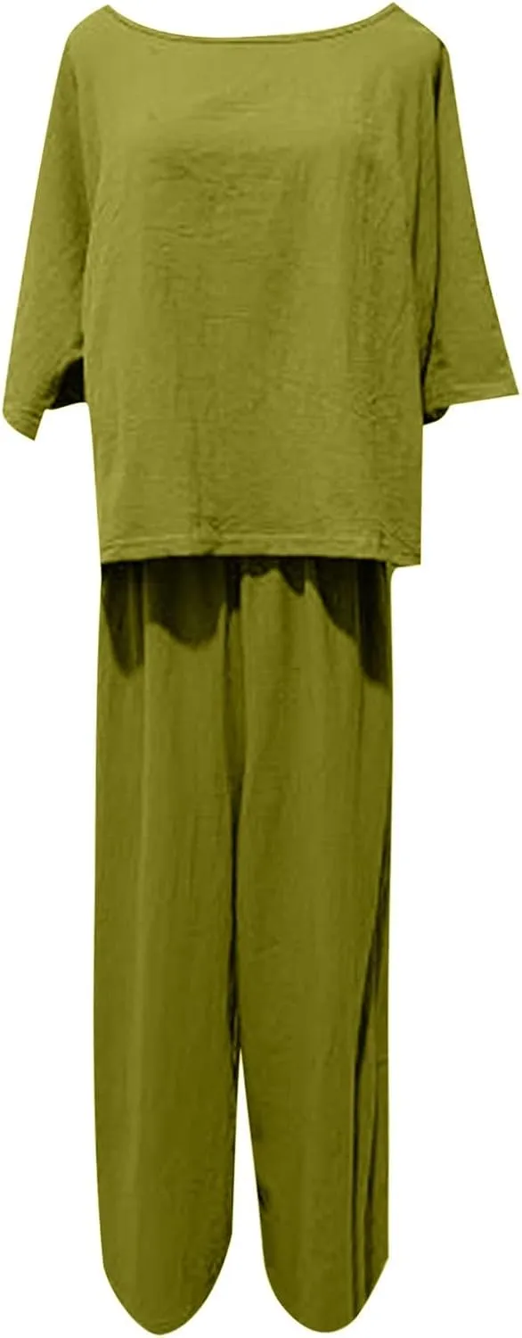Summer Outfits for Women 2025 Short Sleeve Cropped Tops Baggy Palazzo Pants 2 Piece Linen Set Plus Size Beach Outfits