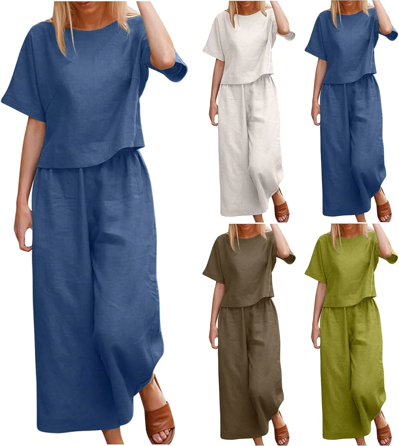 Summer Outfits for Women 2025 Short Sleeve Cropped Tops Baggy Palazzo Pants 2 Piece Linen Set Plus Size Beach Outfits