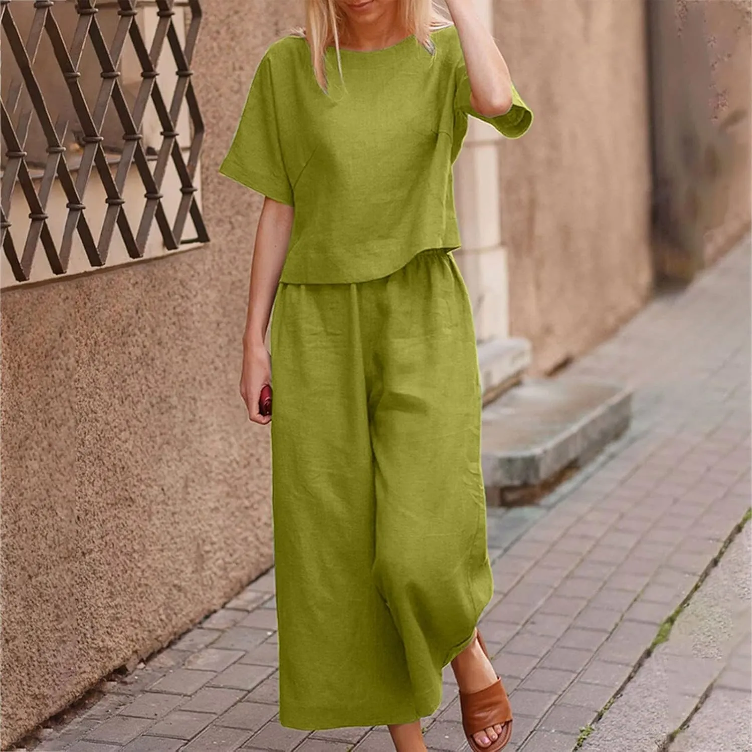 Summer Outfits for Women 2025 Short Sleeve Cropped Tops Baggy Palazzo Pants 2 Piece Linen Set Plus Size Beach Outfits