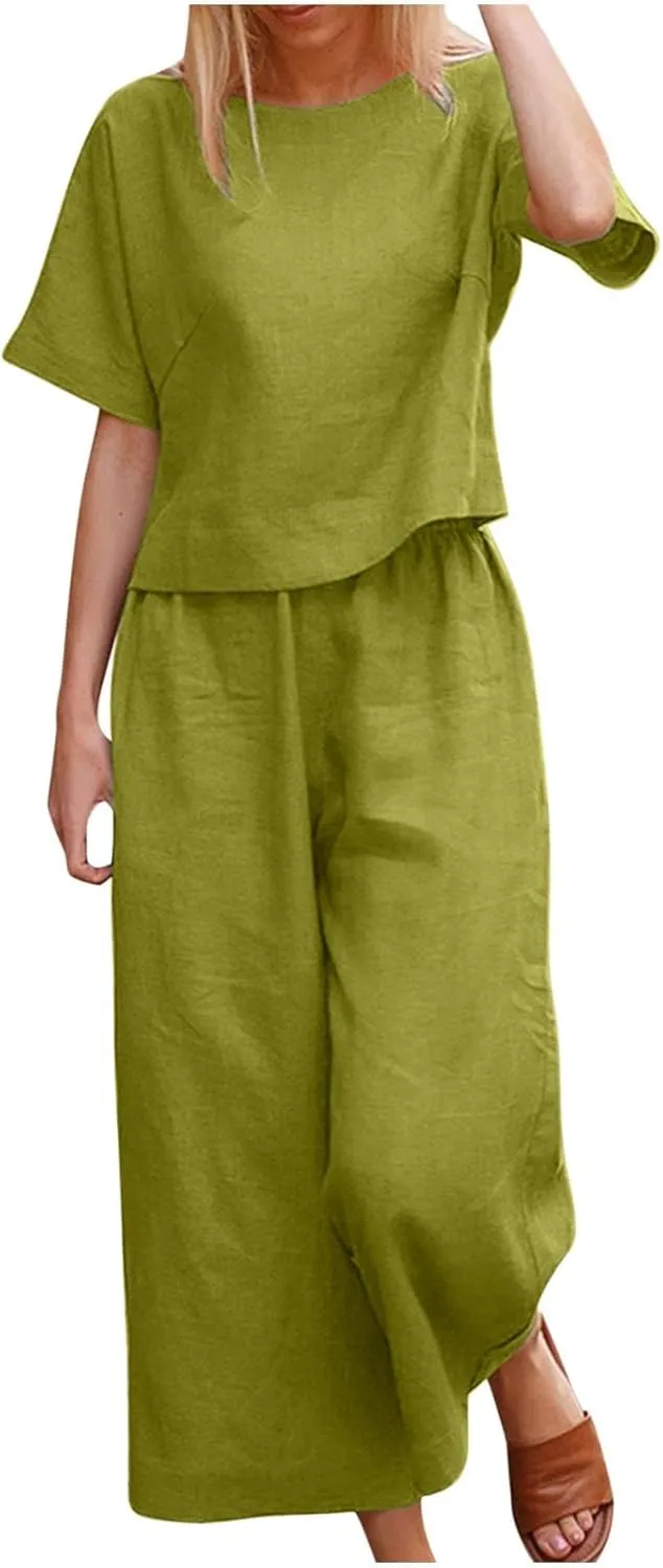 Summer Outfits for Women 2025 Short Sleeve Cropped Tops Baggy Palazzo Pants 2 Piece Linen Set Plus Size Beach Outfits