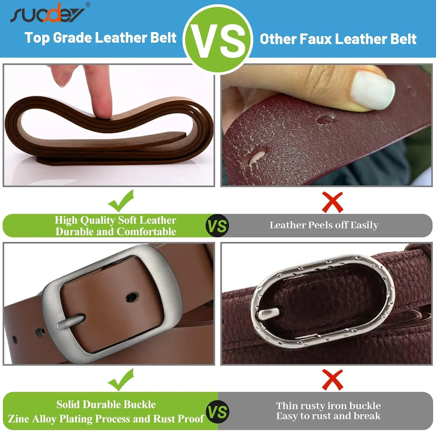 SUOSDEY Fashion Womens Leather Belt, Soft Leather Waist Belt with Pin Buckle for Jeans Pants,width 1.3"