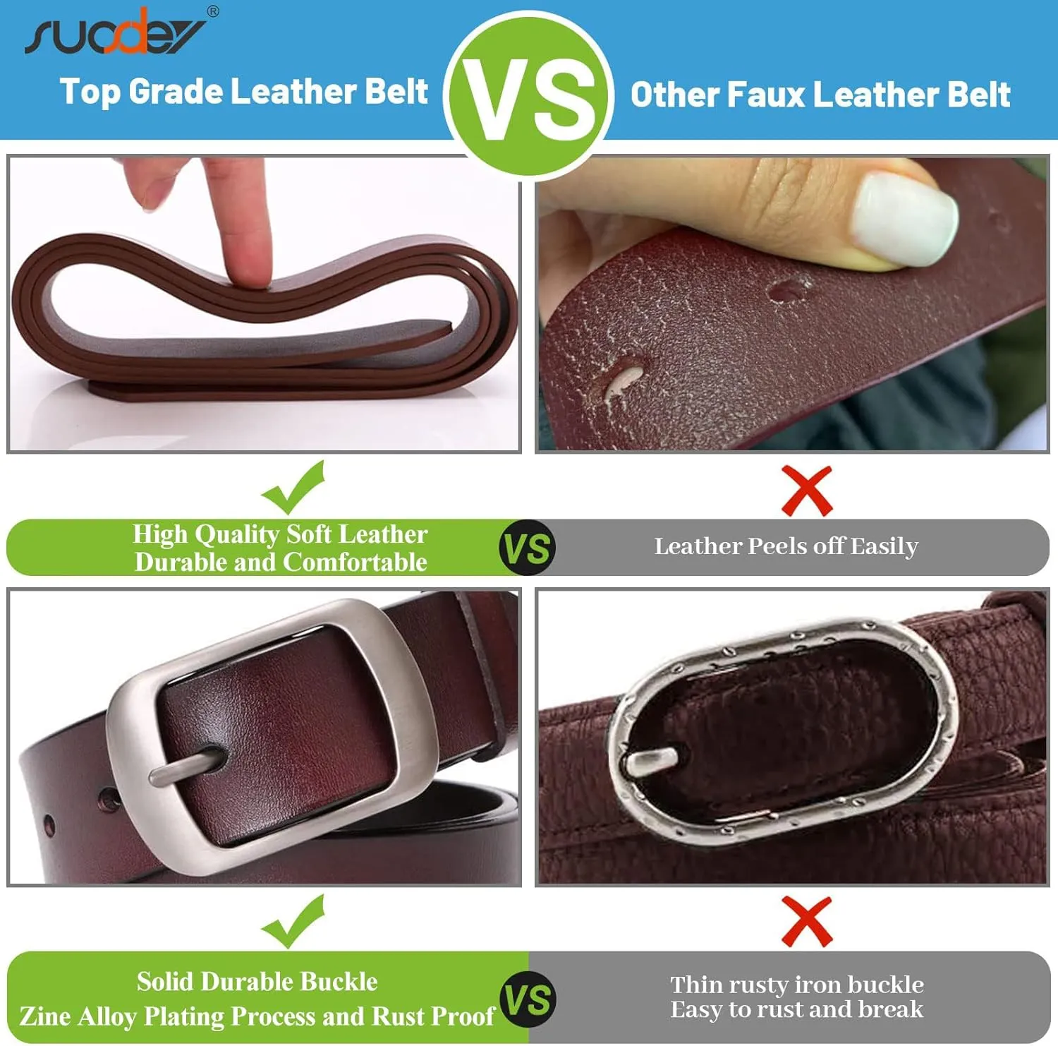 SUOSDEY Fashion Womens Leather Belt, Soft Leather Waist Belt with Pin Buckle for Jeans Pants,width 1.3"