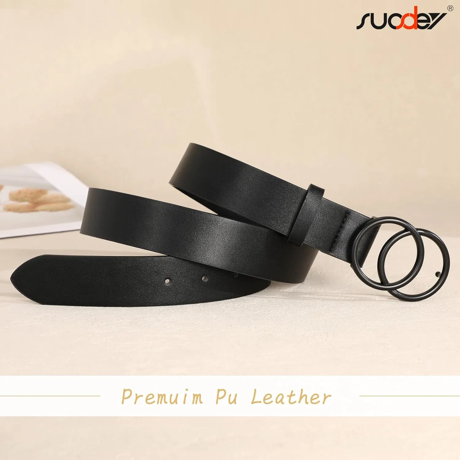SUOSDEY Women Leather Belt Fashion Double O-Ring Soft Faux Leather Waist Belts For Jeans Dress
