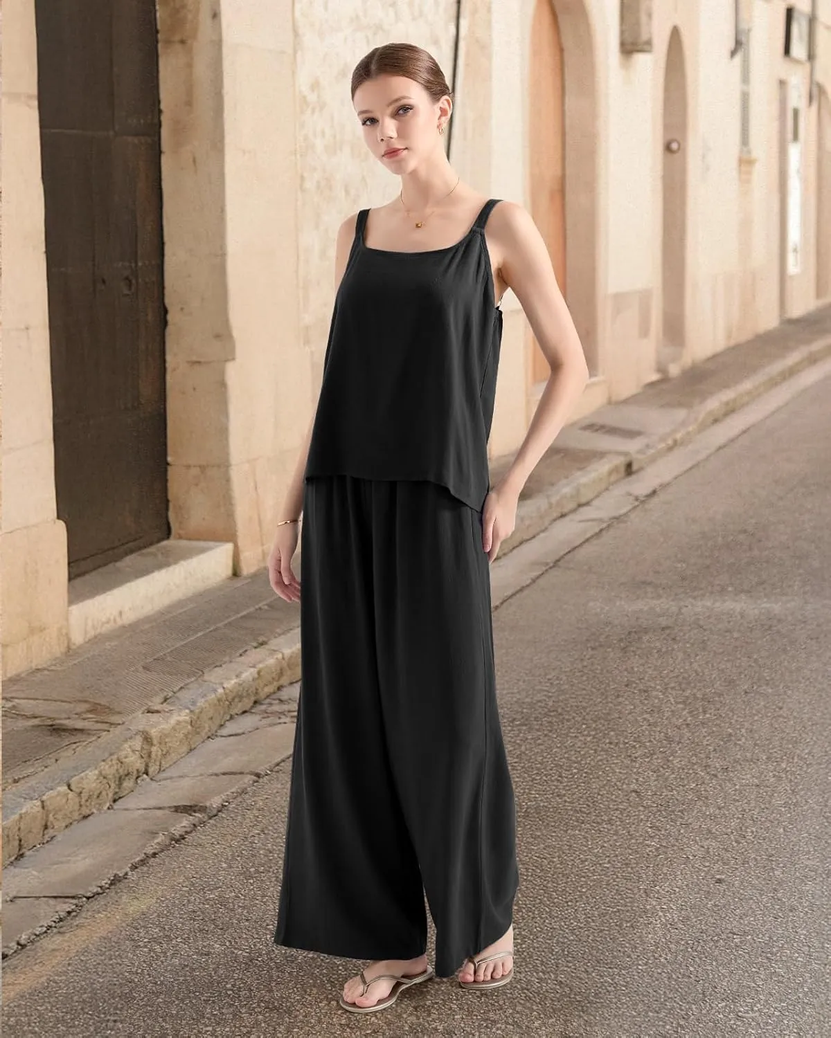 SUUKSESS Women 2 Piece Outfits Linen Pants Set Summer Travel Vacation Matching Sets