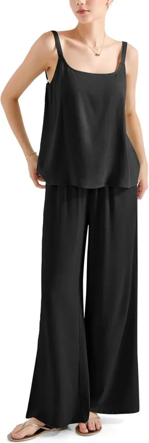 SUUKSESS Women 2 Piece Outfits Linen Pants Set Summer Travel Vacation Matching Sets